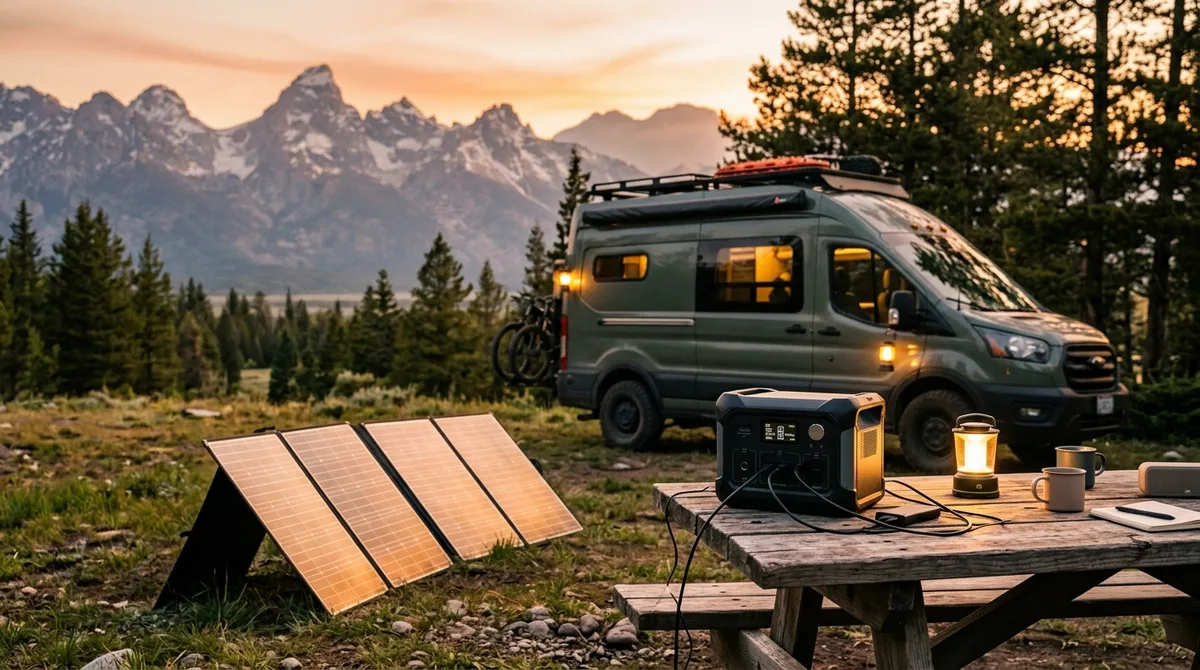 Off-grid campervan and portable solar generator campsite at sunset