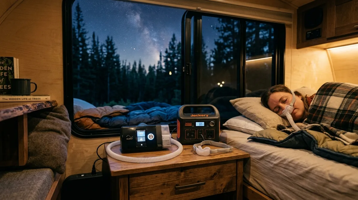 Medical CPAP machine running quietly on portable power station in tent bedroom under starlit night