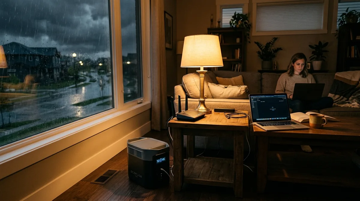 Portable power station providing emergency backup power to router lamp and laptop during severe storm blackout